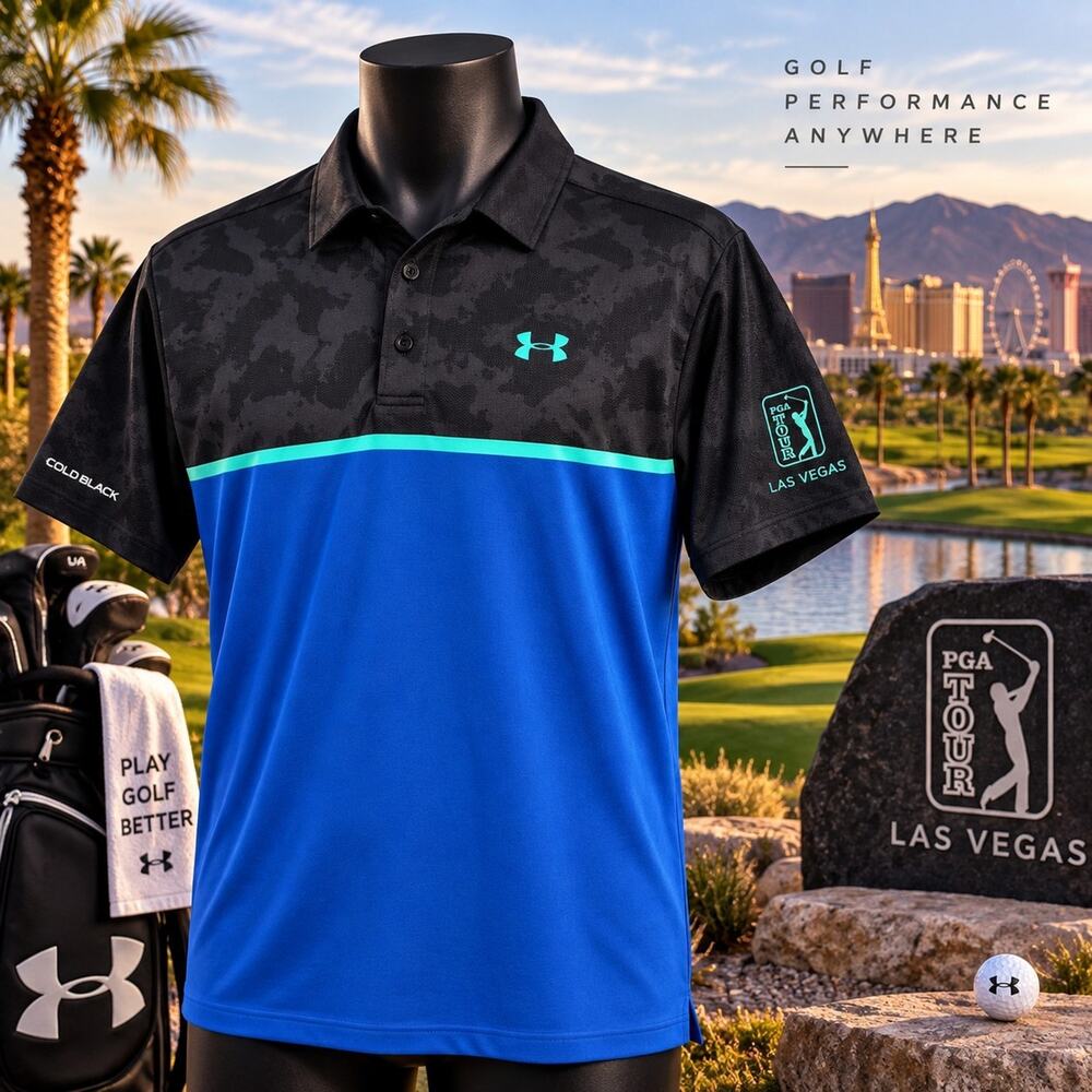 Under Armour PGA Tour Las Vegas Golf Polo Mens Large HeatGear ColdBlack Camo